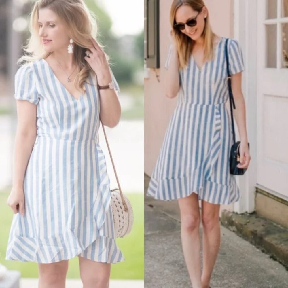 J. CREW Blue White Striped V-Neck Faux Wrap Ruffle Dress Size 4 - Picture 3 of 10